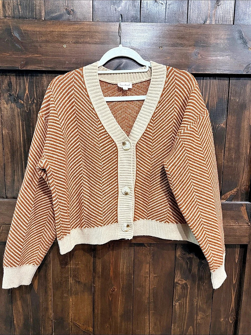 Hem & Thread Women's Geometric Cardigan in Brown & Cream
